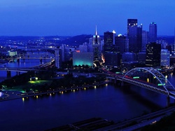Panorama, Chmur, Rzeka, Ohio, Miasta, Noc, Mosty, Drapacze, Pittsburgh